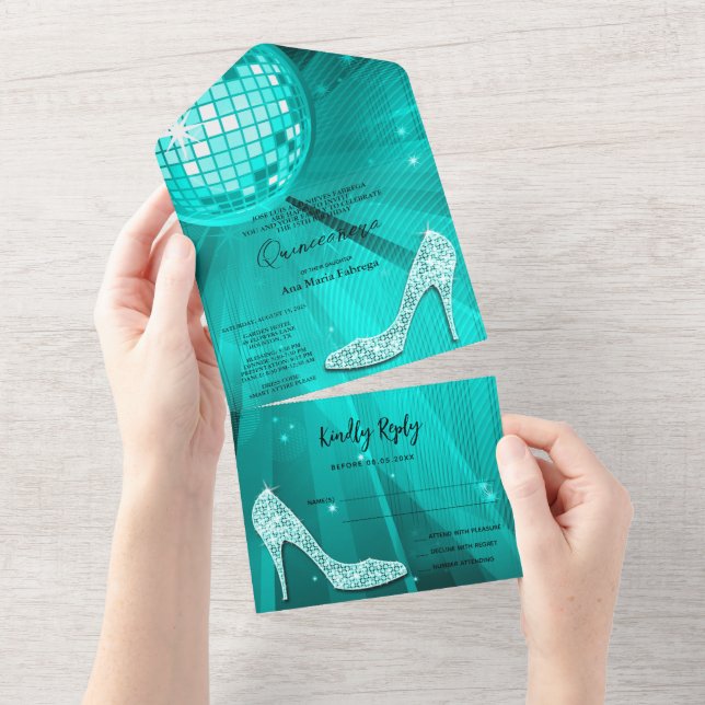 Disco Ball and Heels Teal Quinceañera All In One Invitation (Tearaway)
