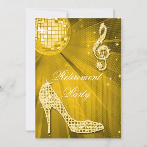 Disco Ball and Sparkle Heels Gold Retirement Invitation