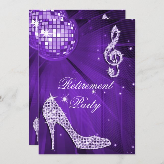 Disco Ball and Sparkle Heels Lilac Retirement Invitation (Front/Back)