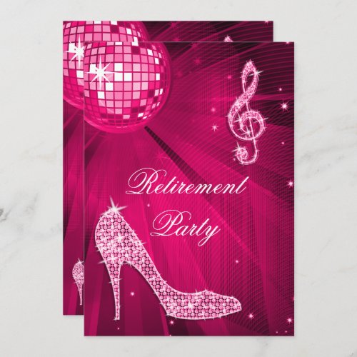 Disco Ball and Sparkle Heels Pink Retirement Invitation