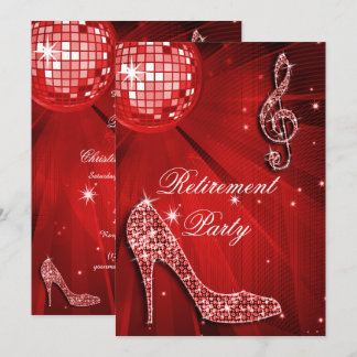 Disco Ball and Sparkle Heels Red Retirement Invitation