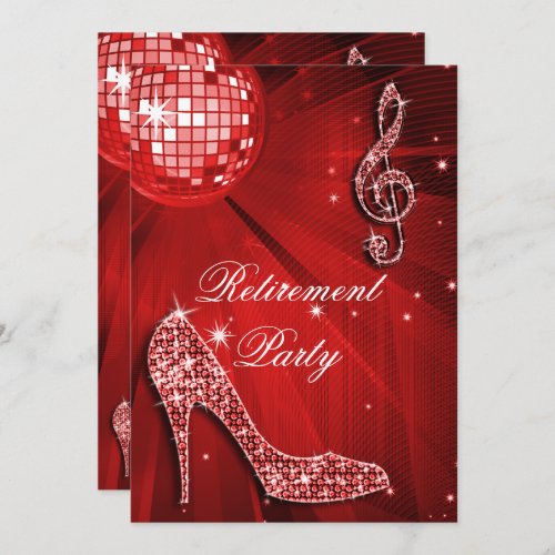 Disco Ball and Sparkle Heels Red Retirement Invitation