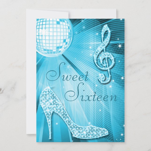 Disco Ball and Sparkle Heels Sweet 16 Light Blue Invitation (Front)