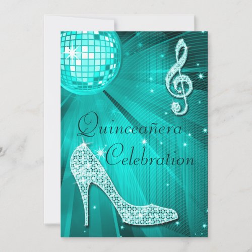 Disco Ball and Sparkle Heels Teal Quinceaera Invitation