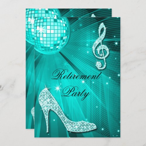 Disco Ball and Sparkle Heels Teal Retirement Invitation
