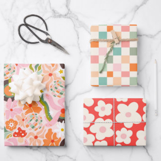 Disco ball and vinyl records x retro vibes wrapping paper sheets