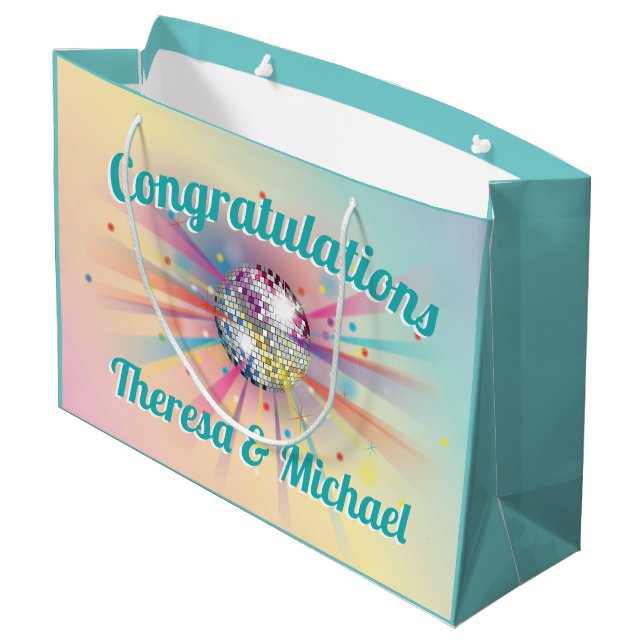 Disco Ball Baby Shower Groovy Pastel Rainbow Large Gift Bag (Back Angled)
