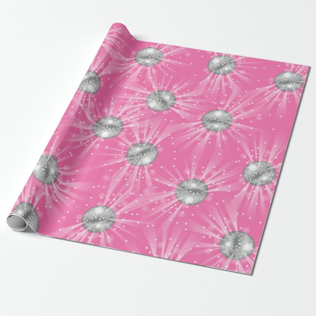 Disco Ball Baby Shower Groovy Pink Girl Wrapping Paper (Unrolled)
