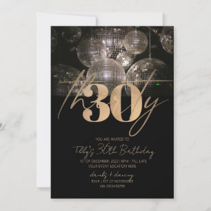 Disco ball black and gold 30th birthday party invitation