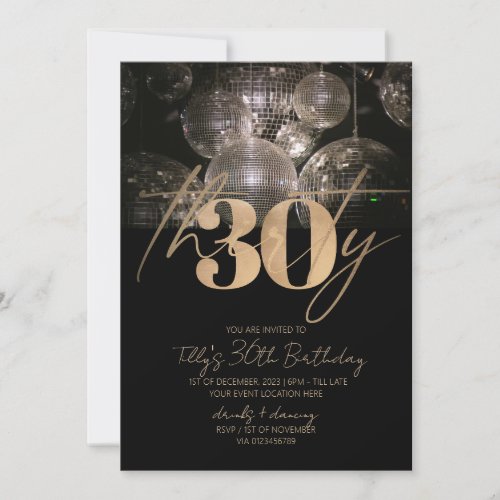 Disco ball black and gold 30th birthday party  invitation