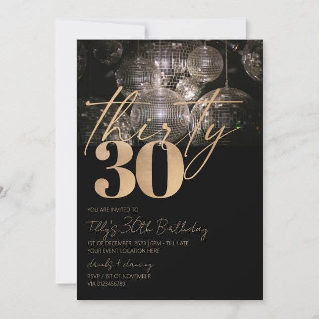 Disco ball black and gold 30th birthday party  invitation (Front)