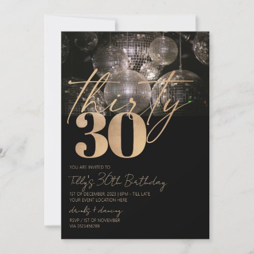 Disco ball black and gold 30th birthday party  invitation