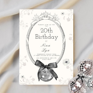 Disco Ball & Black Bow Coquette Birthday Invitation