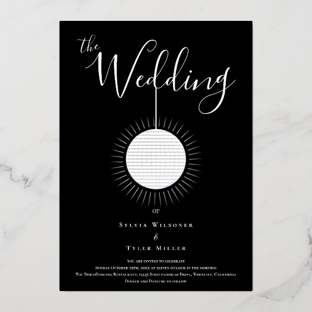 Disco Ball Black Silver Wedding Foil Invitation (Front)