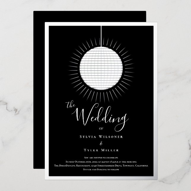 Disco Ball Black Silver Wedding Foil Invitation (Front/Back)