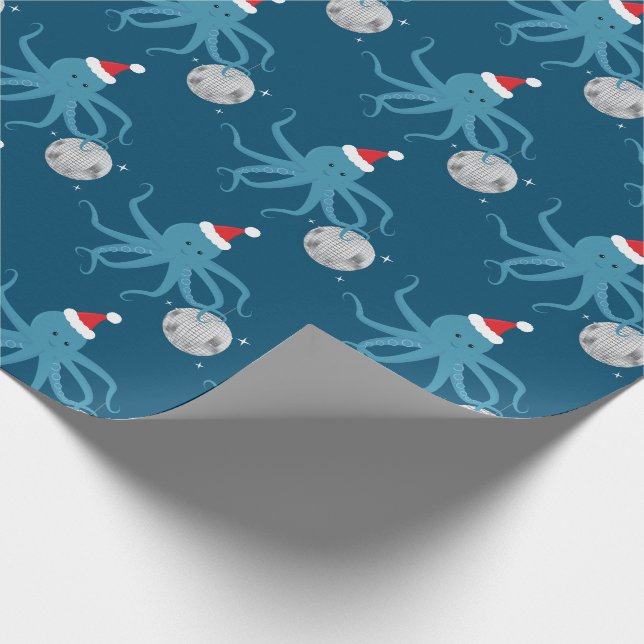 Disco Ball Blue Octopus Santa Hat Christmas Wrapping Paper (Corner)