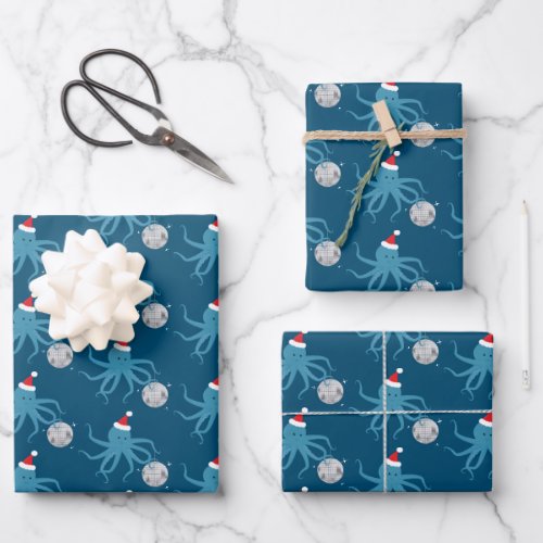 Disco Ball Blue Octopus Santa Hat Christmas Wrapping Paper Sheets