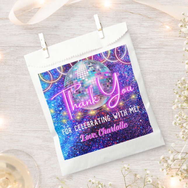 Disco Ball Bright Neon Pink Glowing Thank You Favor Bag (Clipped)
