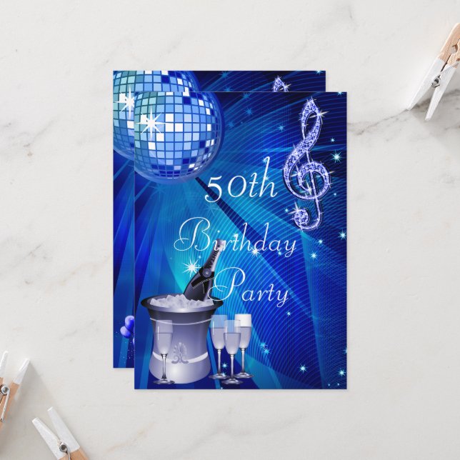 Disco Ball, Champagne Bucket 50th Birthday Invitation (Front/Back In Situ)