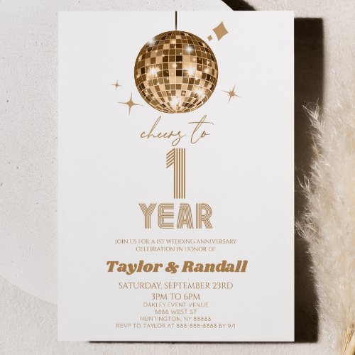 Disco Ball Cheers To 1 Year Wedding Anniversary Invitation