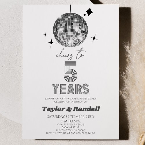 Disco Ball Cheers To 5 Years Wedding Anniversary Invitation