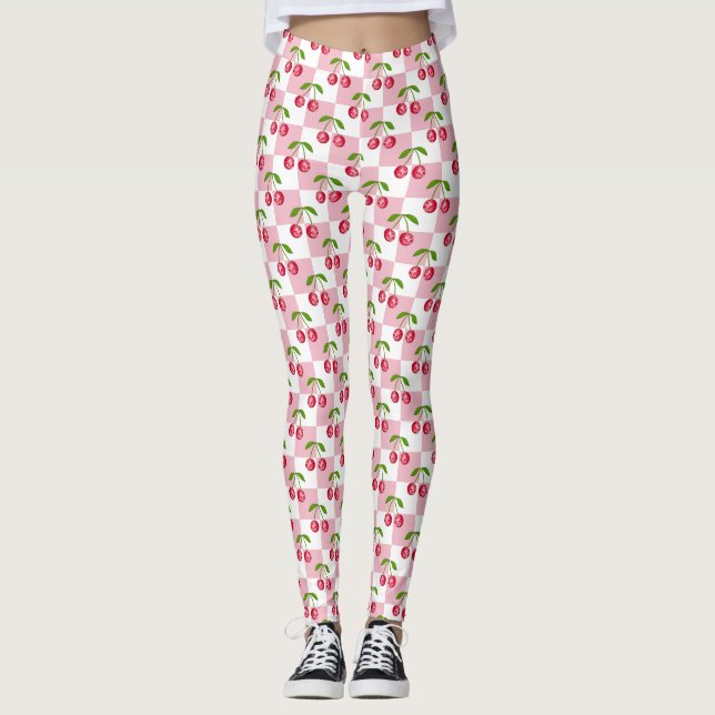 Disco Ball Cherry Checker Pattern Leggings (Front)
