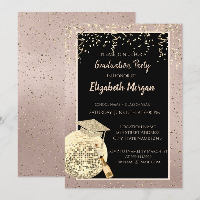 Disco Ball Confetti, Wine Rose Gold Graduation Invitation (Front/Back)