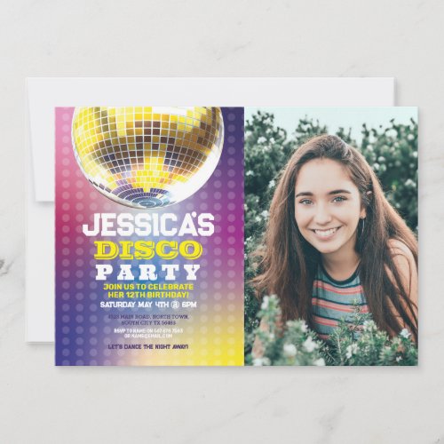 Disco Ball Dance Photo Party Birthday Invite Girls