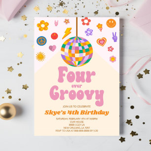 Disco Ball Four Ever Groovy 4th Birthday Party Invitation
