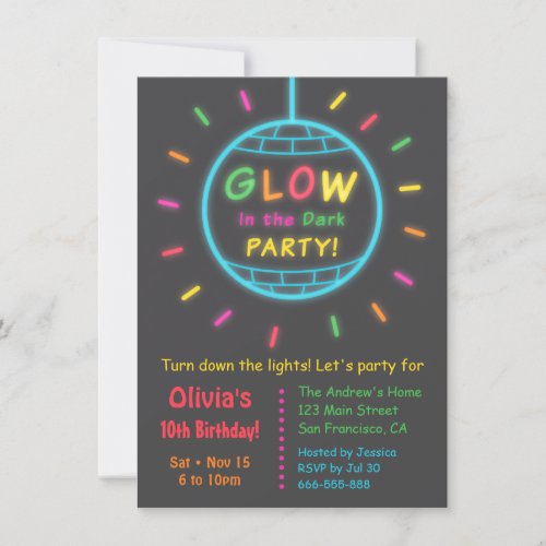 Disco Ball Glow in the Dark Birthday Party Invitation