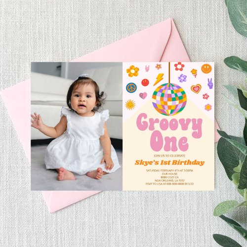 Disco Ball Groovy One Picture 1st Birthday Party Invitation