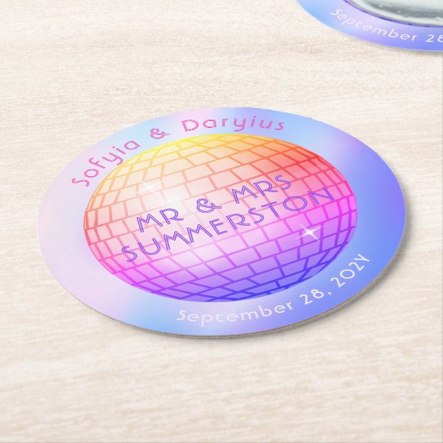 Disco Ball Hot Pink Orange Purple Personalized Round Paper Coaster (Angled)