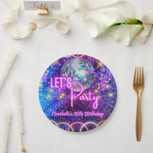 Disco Ball Let's Party Neon Pink Glow Birthday Paper Plates