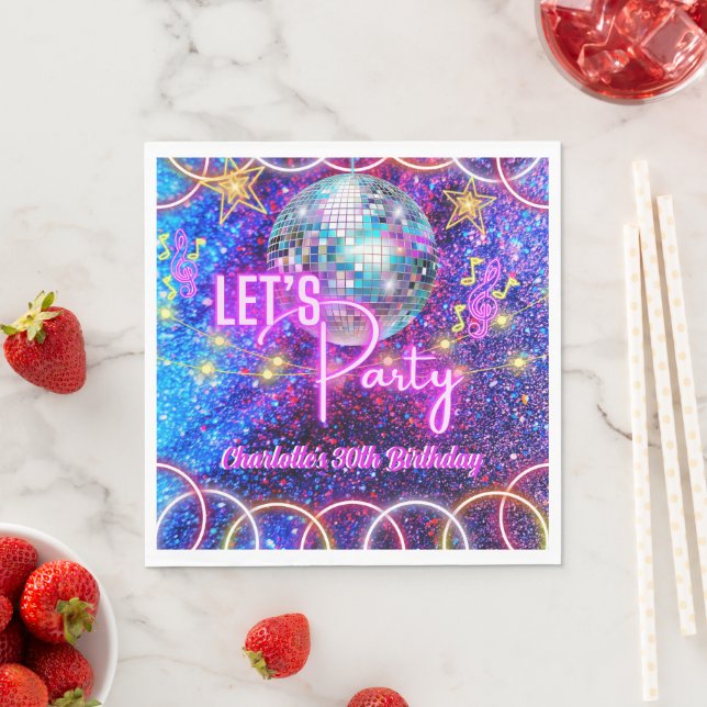 Disco Ball Let's Party Neon Pink Glow Girl Party Napkins (Insitu)