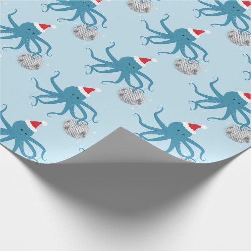 Disco Ball Light Blue Octopus Santa Hat Christmas Wrapping Paper