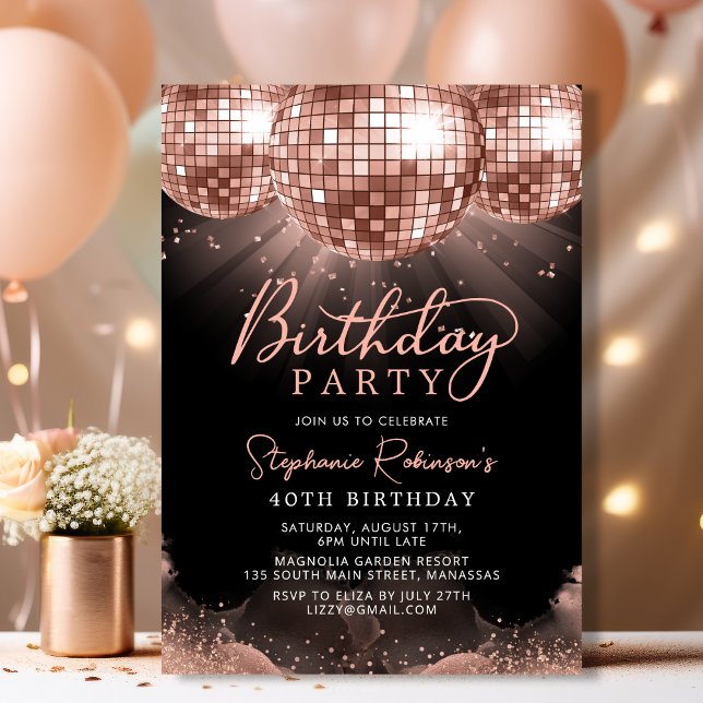 Disco Ball Modern Rose Gold 40th Birthday Party  Invitation (Creator Uploaded)