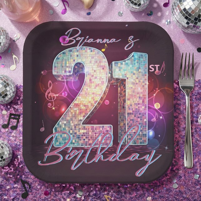 Disco Ball Musical Notes Pink 21st Birthday Paper Plates (Creator Uploaded)