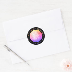 Disco Ball Names Wedding Date Orange Blue Magenta Classic Round Sticker