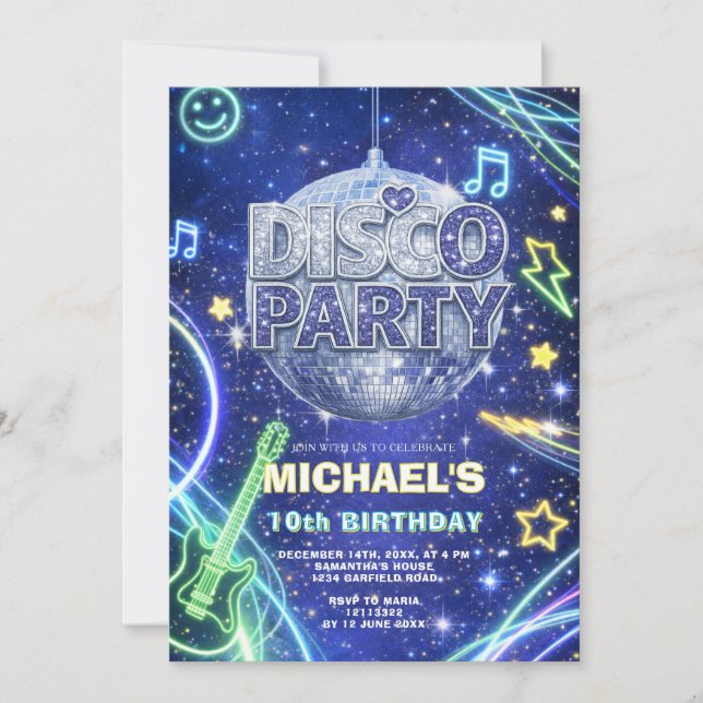 Disco Ball Neon Space Kids Birthday Party Invite (Front)