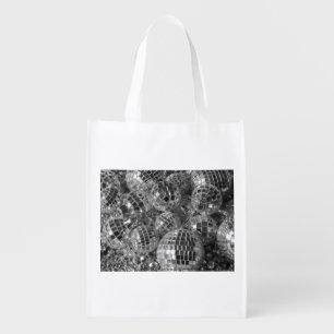 Disco Ball Ornaments Glam Black and White Photo Grocery Bag