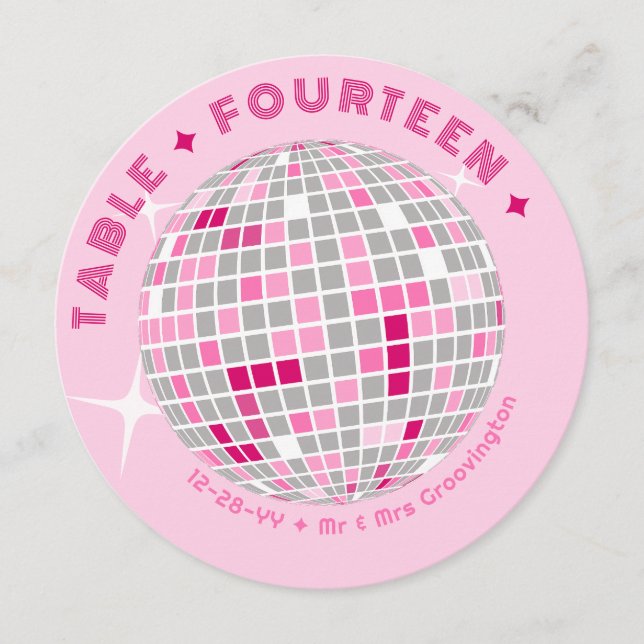 Disco Ball Pink Round Wedding Table Number Card (Front)