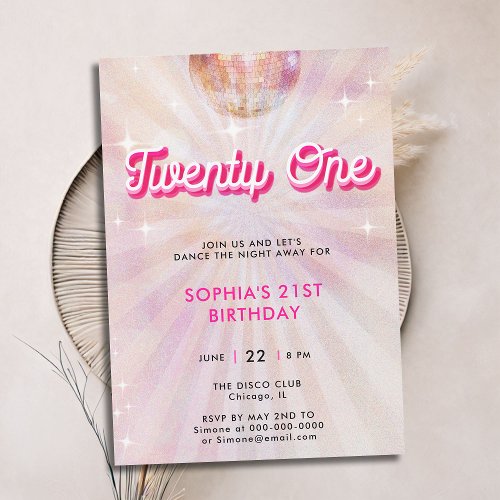 Disco Ball Pink Teal Retro Dance 21st Birthday Invitation