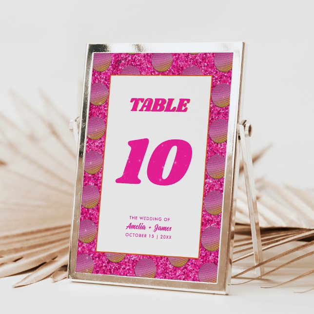 Disco Ball Pink Wedding Table Numbers Double Sided (Front)