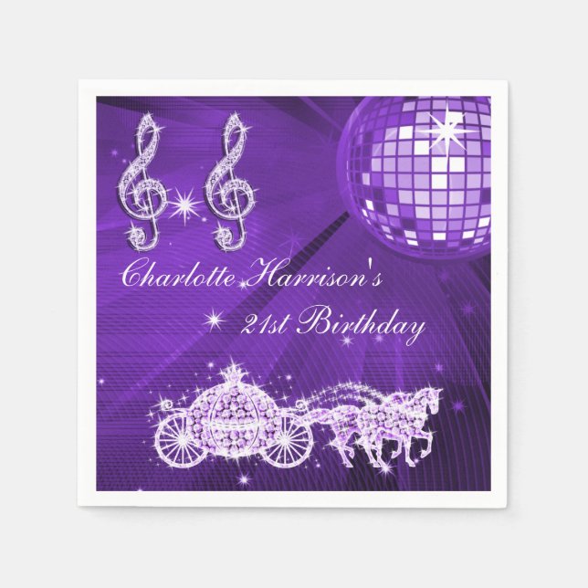 Disco Ball, Princess Coach & Horses 21st Birthday Paper Napkins (Front)