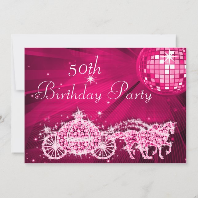 Disco Ball, Princess Coach & Horses 50th Birthday Invitation (Front)