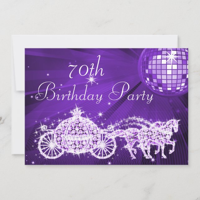Disco Ball, Princess Coach & Horses 70th Birthday Invitation (Front)