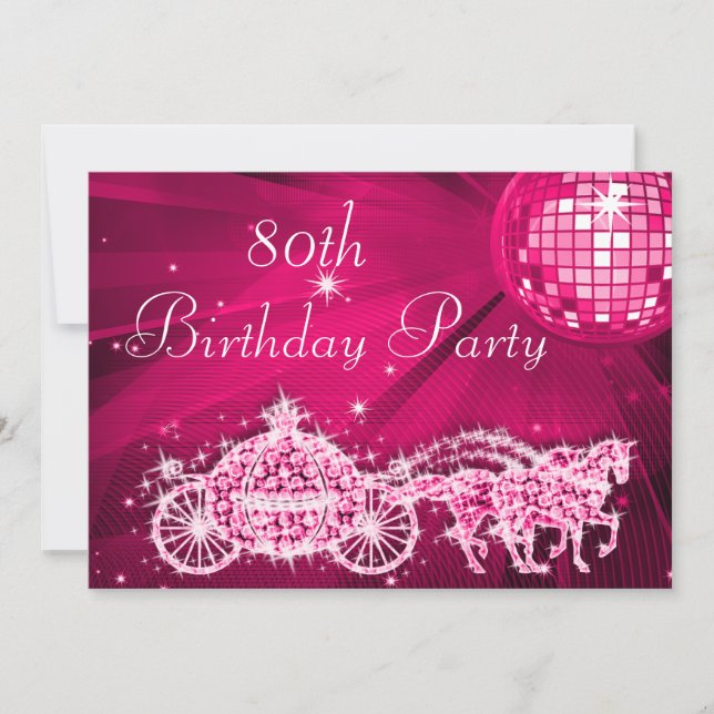 Disco Ball, Princess Coach & Horses 80th Birthday Invitation (Front)