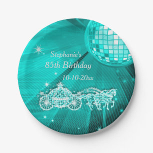 Disco Ball, Princess Coach & Horses 85th Birthday Paper Plates