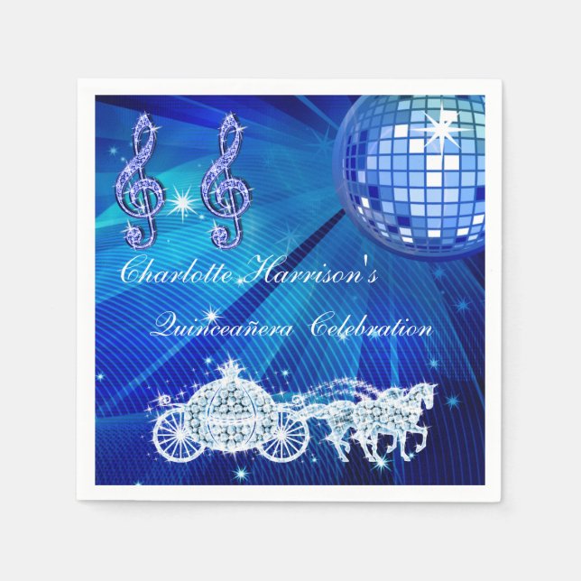Disco Ball, Princess Coach & Horses Quinceañera Napkins (Front)