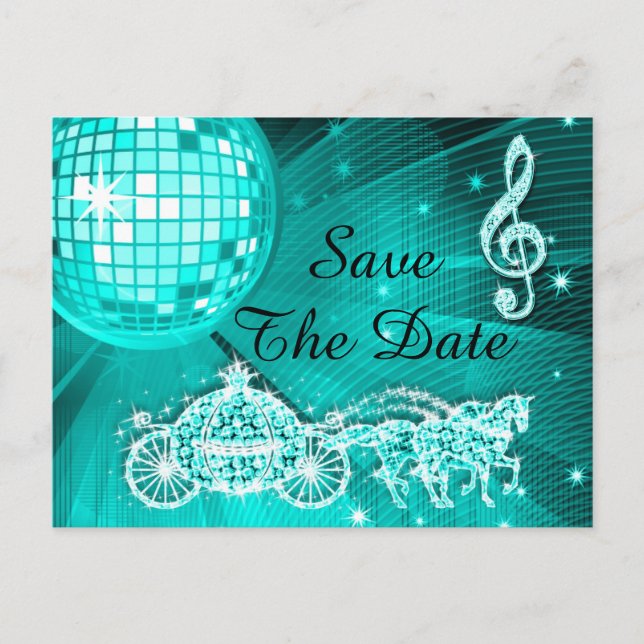 Disco Ball, Princess Coach & Horses Save The Date Announcement Postcard (Front)